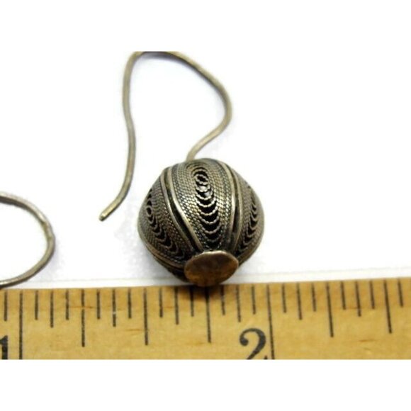 Earrings Hook Dangle Sterling Silver Filigree Ball 925 Vintage Patina - Picture 5 of 8